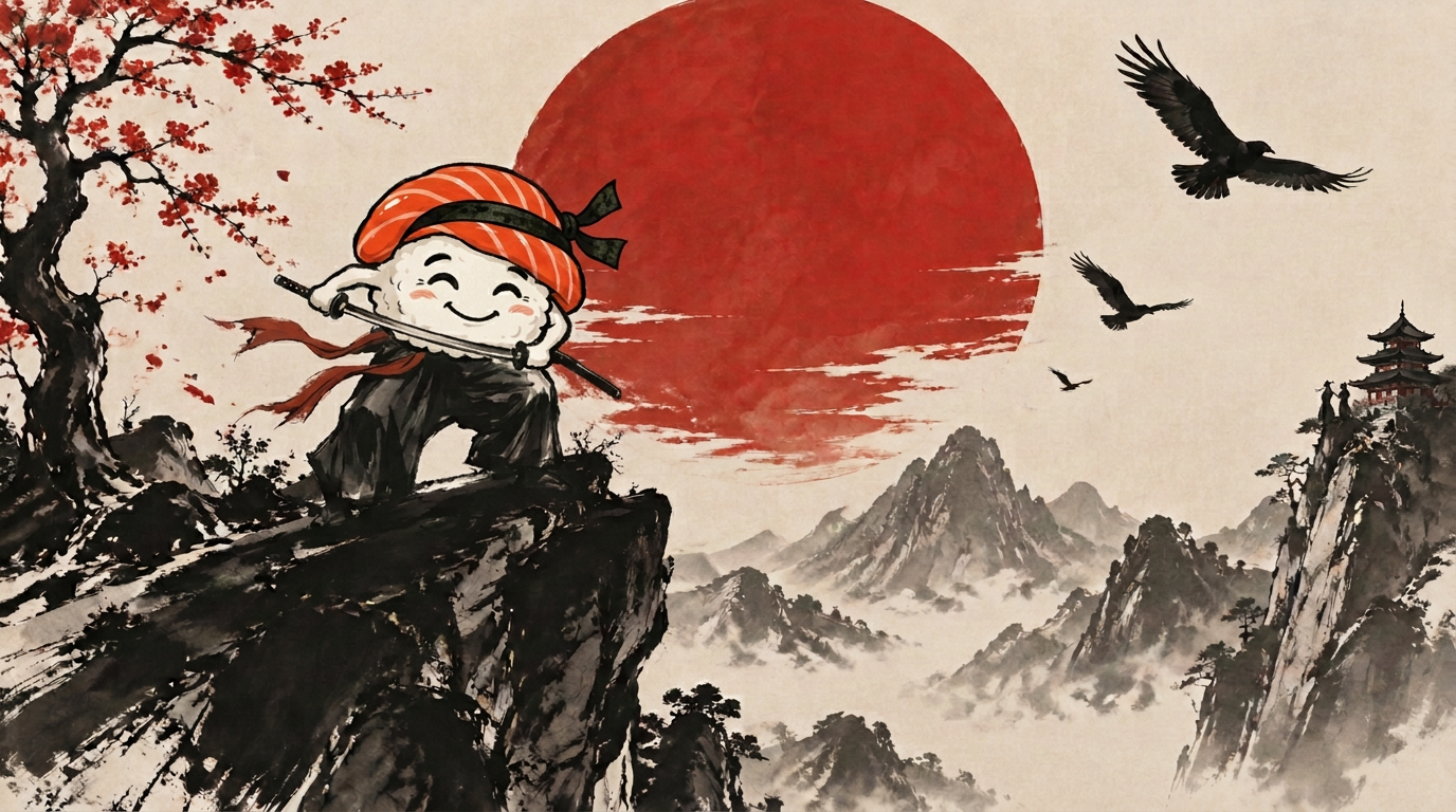 Ink painting of a lone figure before a red sun
